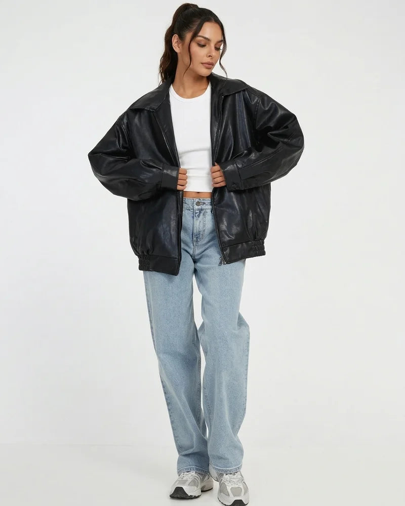 MARCFRANCOIS|Schwarz Nika | Damen Oversize Lederjacke Reißverschluss, Vorderansicht