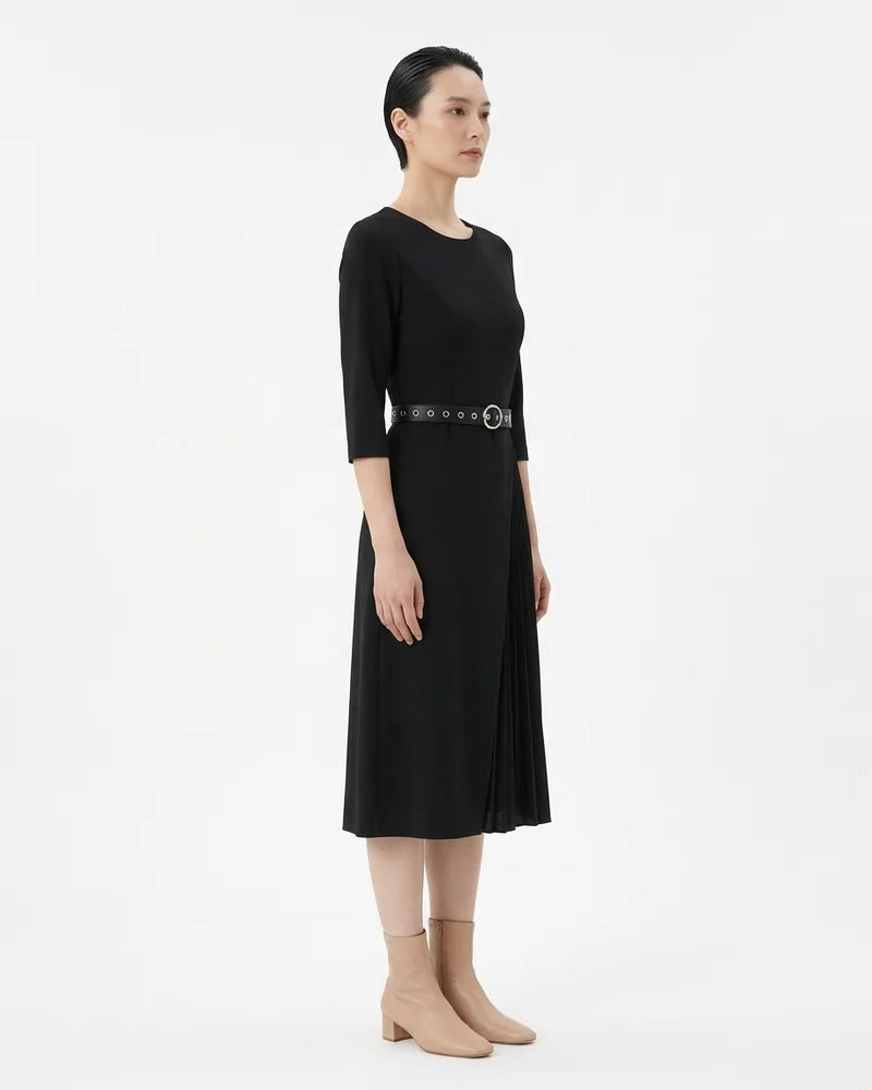 MARCFRANCOIS|Schwarz Sana | Damen Midikleid Gürtel 3/4-Arm, Vorderansicht