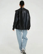 MARCFRANCOIS|Schwarz Nika | Damen Oversize Lederjacke Reißverschluss, Vorderansicht
