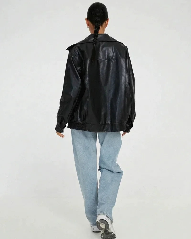 MARCFRANCOIS|Schwarz Nika | Damen Oversize Lederjacke Reißverschluss, Vorderansicht