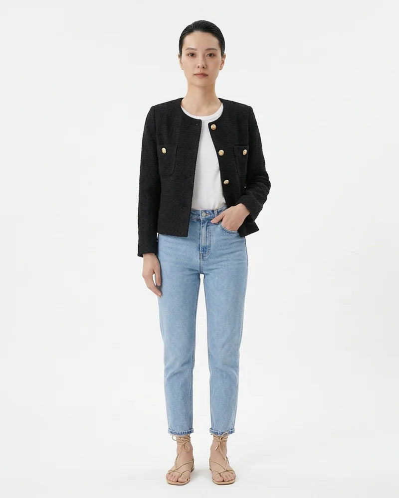 MARCFRANCOIS|Schwarz Pia | Damen Bouclé Jacke Knopfdetail Elegant, Vorderansicht