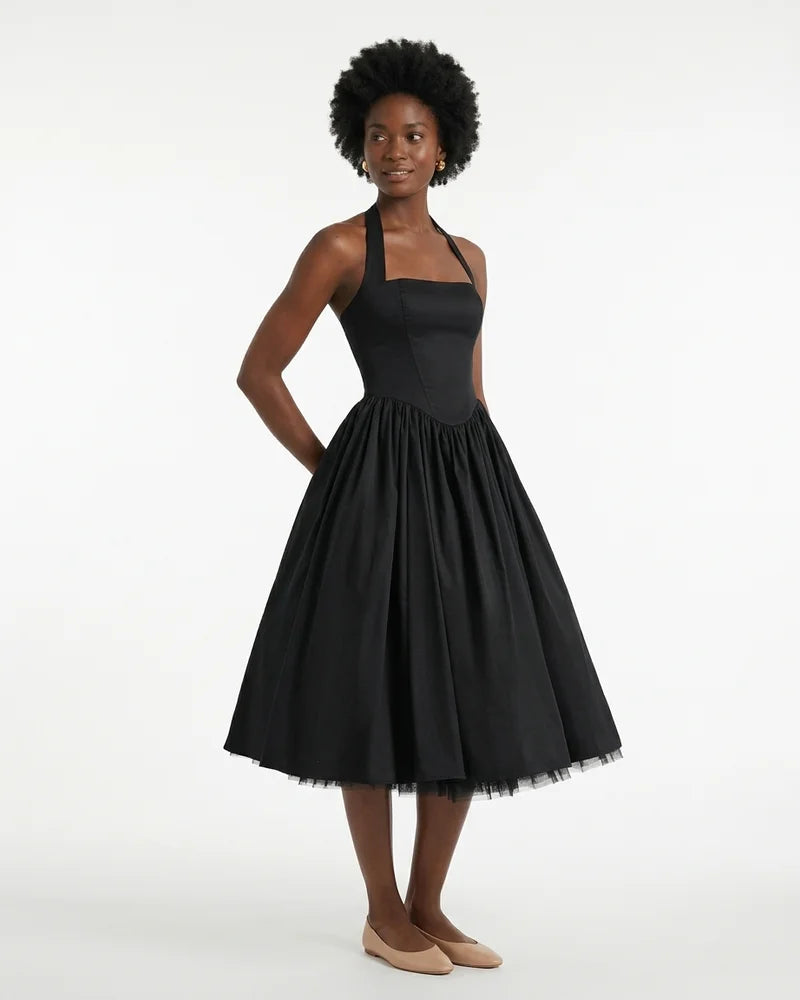 MARCFRANCOIS|Schwarz Emma | Damen Halterneck Midi Kleid Elegant, Vorderansicht