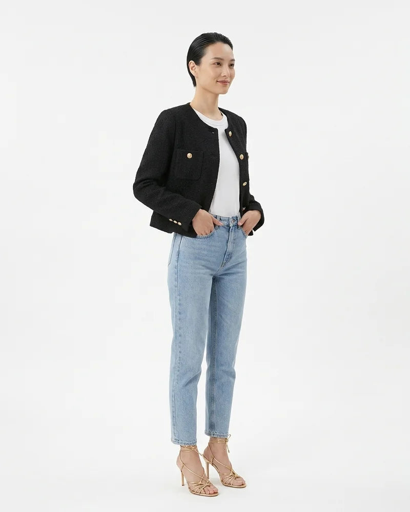 MARCFRANCOIS|Schwarz Pia | Damen Bouclé Jacke Knopfdetail Elegant, Vorderansicht