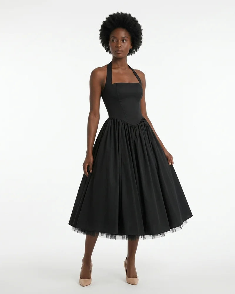 MARCFRANCOIS|Schwarz Emma | Damen Halterneck Midi Kleid Elegant, Vorderansicht