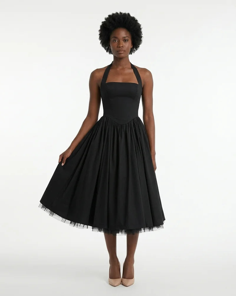 MARCFRANCOIS|Schwarz Emma | Damen Halterneck Midi Kleid Elegant, Vorderansicht