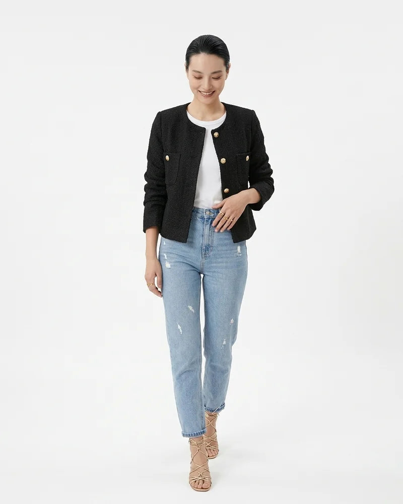 MARCFRANCOIS|Schwarz Pia | Damen Bouclé Jacke Knopfdetail Elegant, Vorderansicht