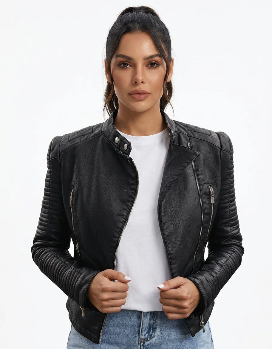 MARCFRANCOIS|Schwarz Mira | Damen Jacke im Leder-Look, Vorderansicht
