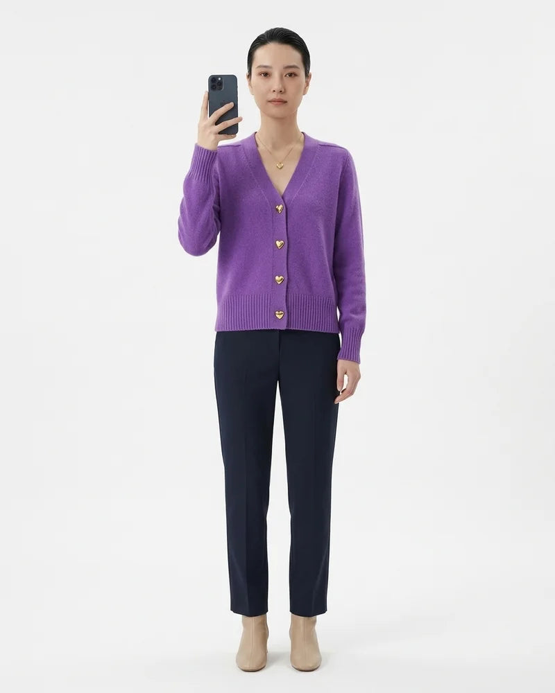 MARCFRANCOIS|Violett Gray | Damen Strickjacke V-Ausschnitt Knopfleiste, Vorderansicht