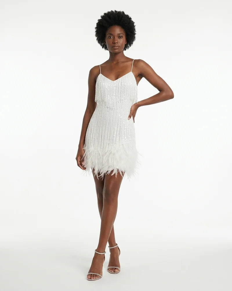 MARCFRANCOIS|Weiß Cleo | Damen Minikleid Fransen Federbesatz, Vorderansicht