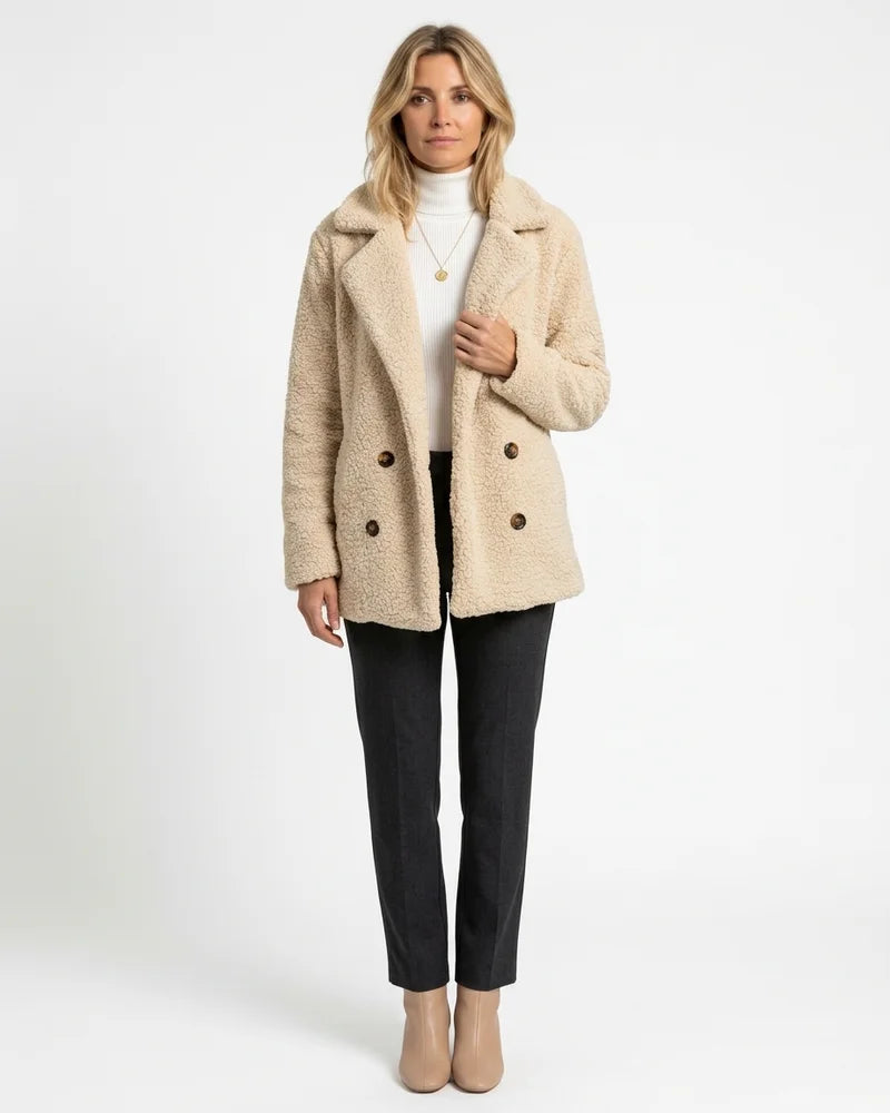 MARCFRANCOIS|Weiß Zion | Damen Teddyjacke Revers Knöpfe, Vorderansicht