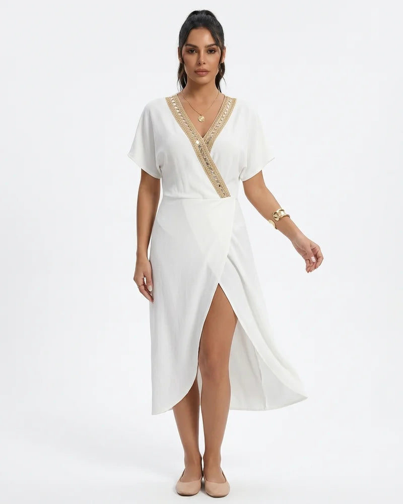 MARCFRANCOIS|Weiß Sana | Damen Wickelkleid V-Ausschnitt Midi, Vorderansicht