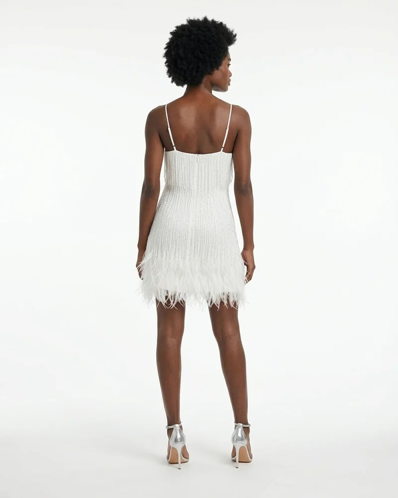MARCFRANCOIS|Weiß Cleo | Damen Minikleid Fransen Federbesatz, Vorderansicht
