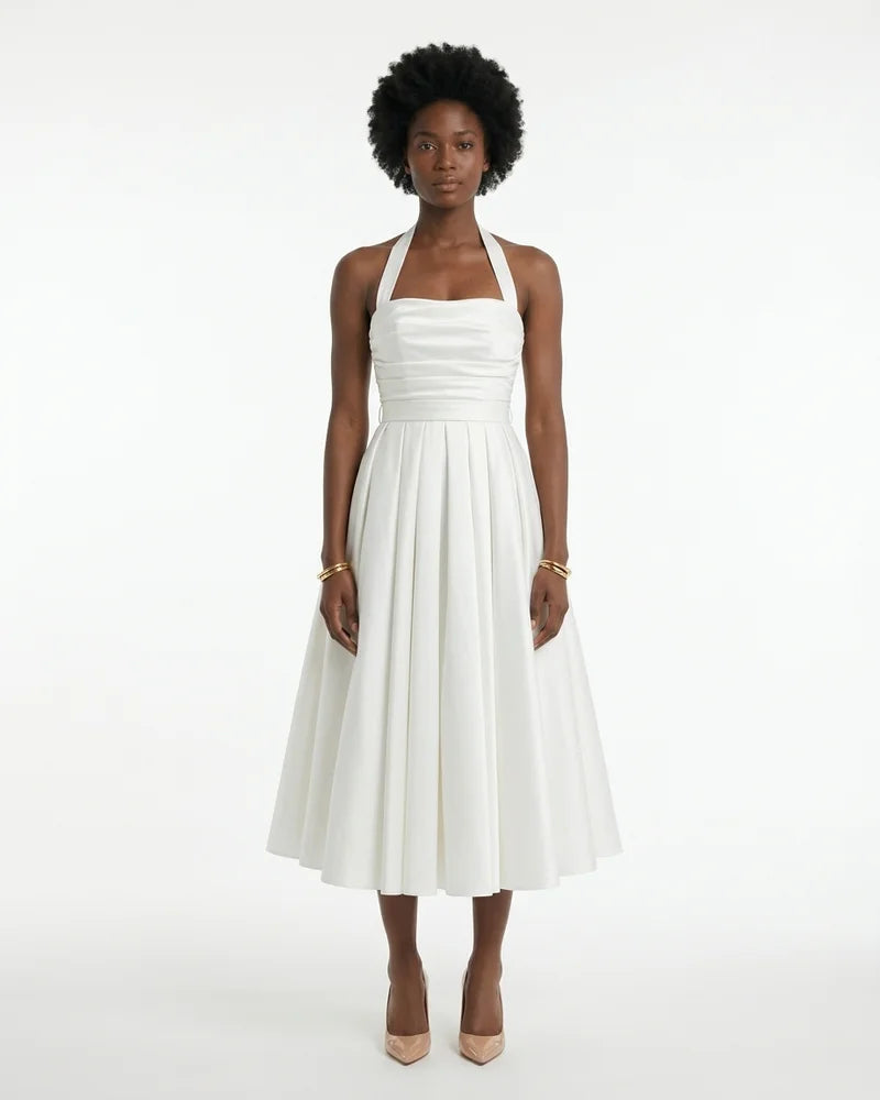 MARCFRANCOIS|Weiß Emma | Damen Halterneck Midi Kleid Elegant, Vorderansicht
