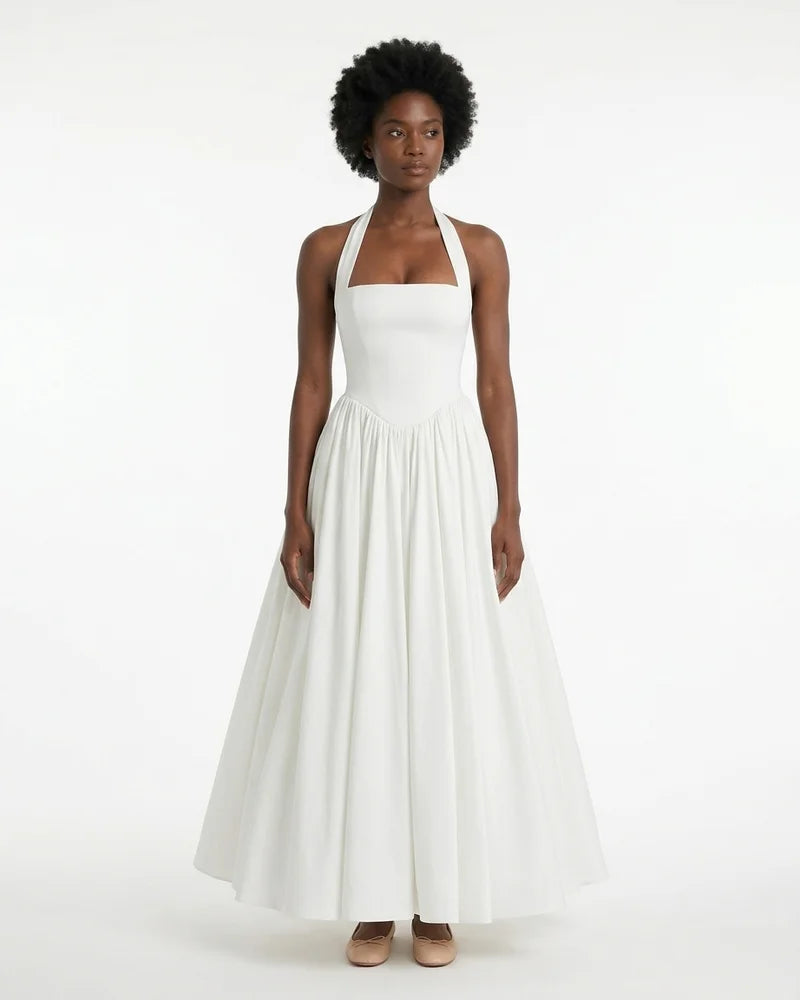 MARCFRANCOIS|Weiß Emma | Damen Halterneck Midi Kleid Elegant, Vorderansicht