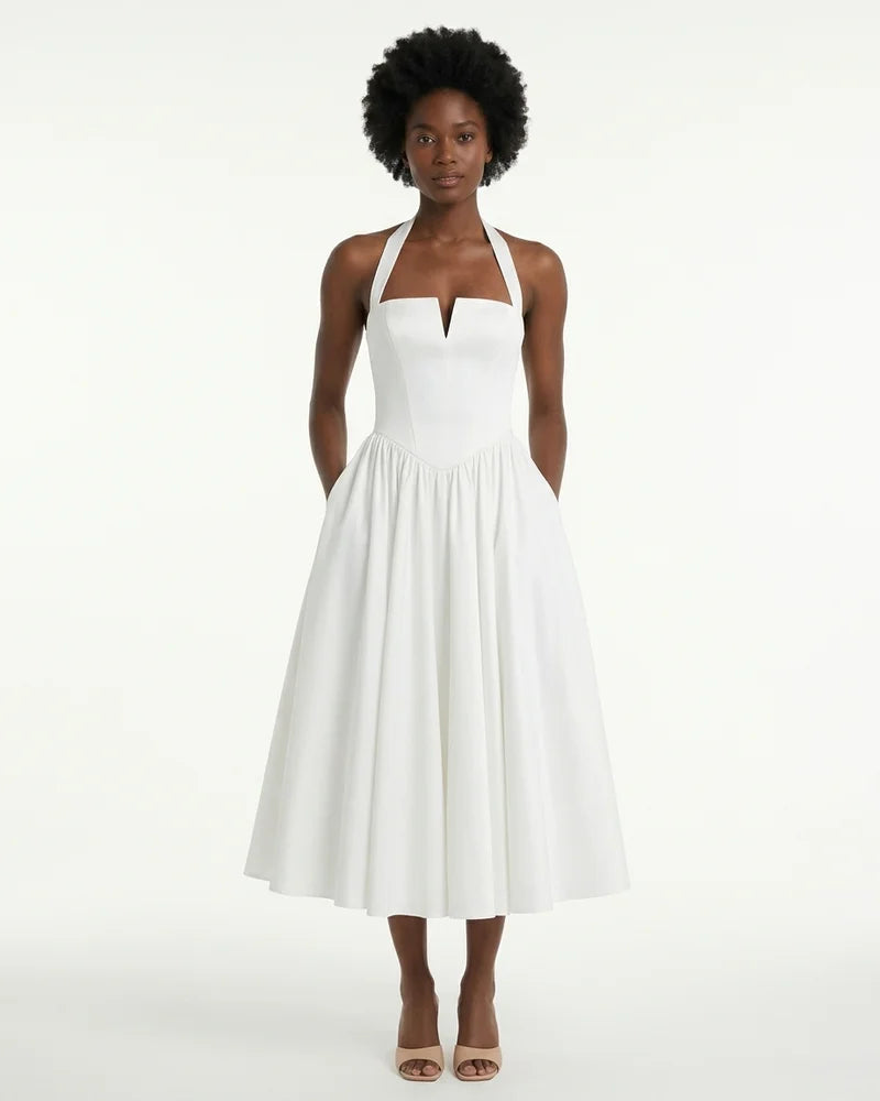 MARCFRANCOIS|Weiß Emma | Damen Halterneck Midi Kleid Elegant, Vorderansicht