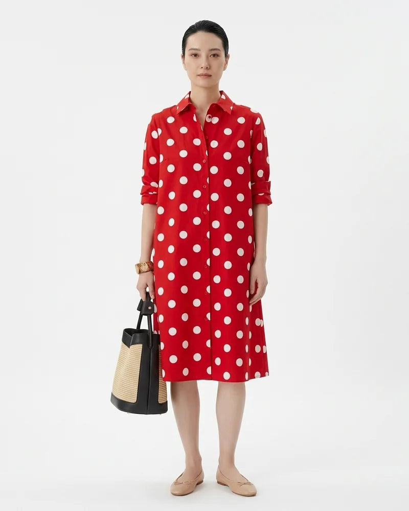 MARCFRANCOIS|Weiß Rot Ivory | Damen Hemdblusenkleid A-Linie Midi, Vorderansicht