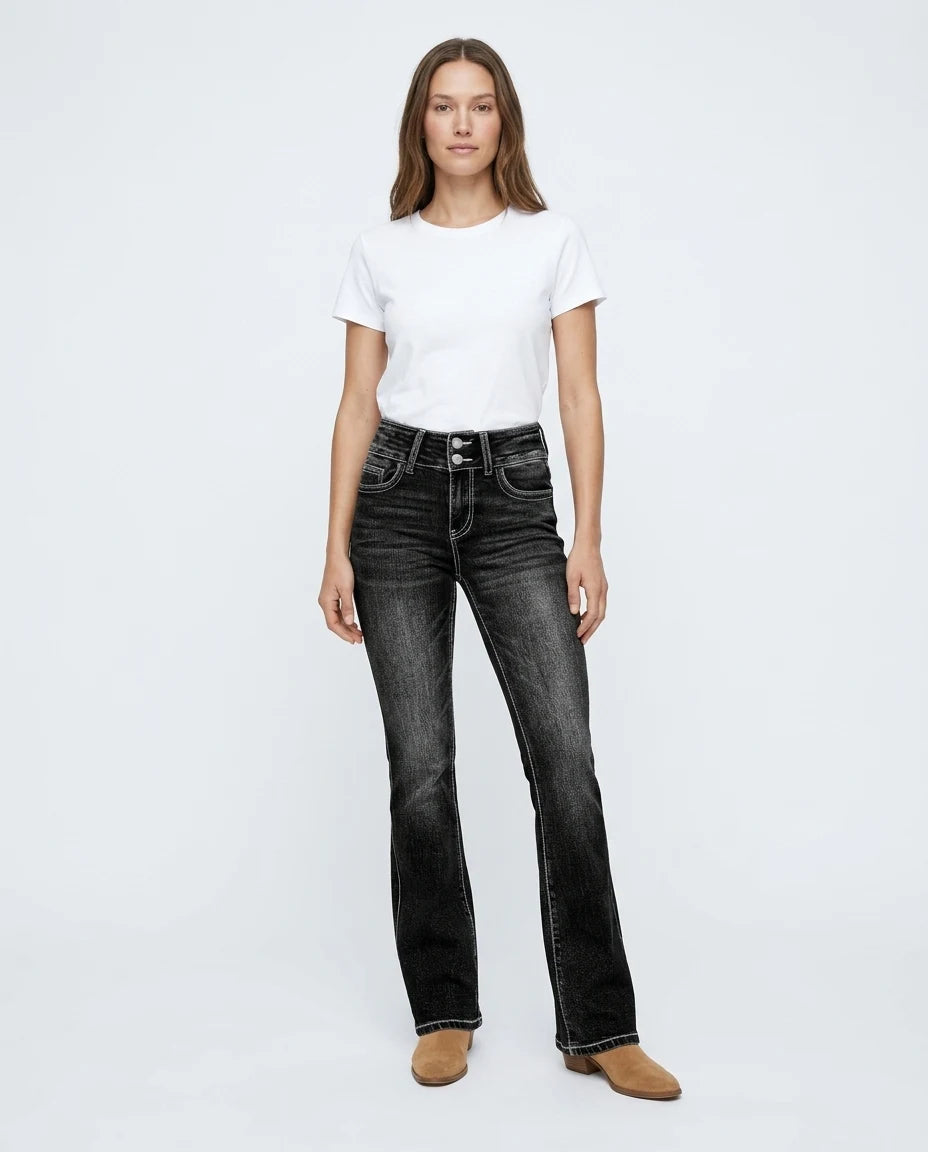CT|Damen Hochtaillierte Schlagjeans mit Used-Look