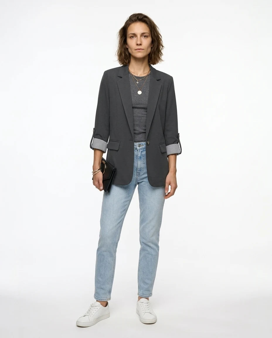 CT|Einreihiger Blazer mit Hochgekrempelten Ärmeln für Damen
