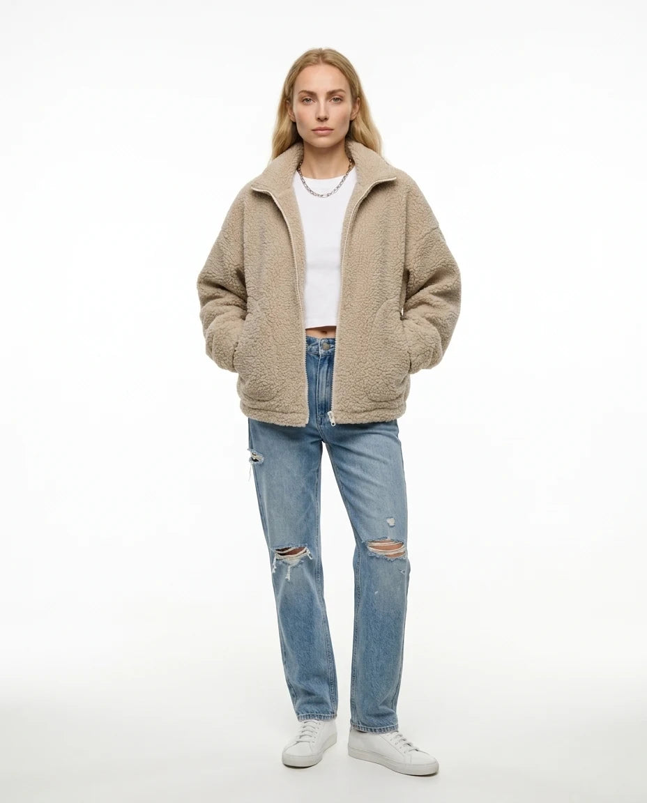 CT|Damen Oversized Teddyjacke mit Stehkragen