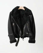CT|Damen Leder Bikerjacke mit Sherpa-Futter