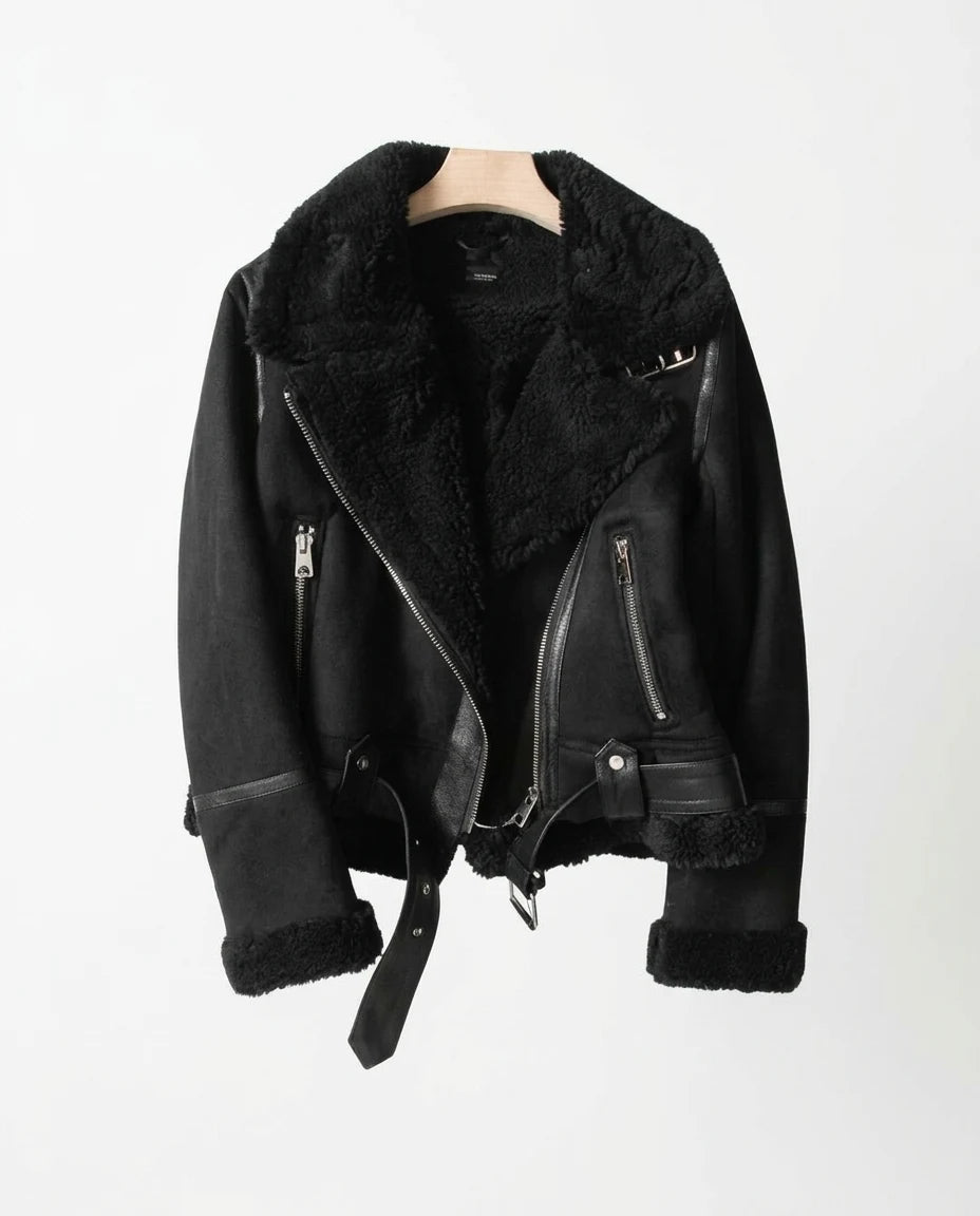CT|Damen Leder Bikerjacke mit Sherpa-Futter