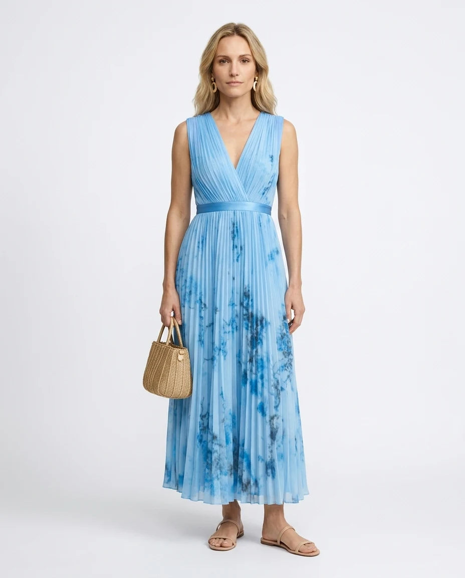 CT|Damen Fließendes Ärmelloses Sommer-Maxikleid mit Wickeloptik