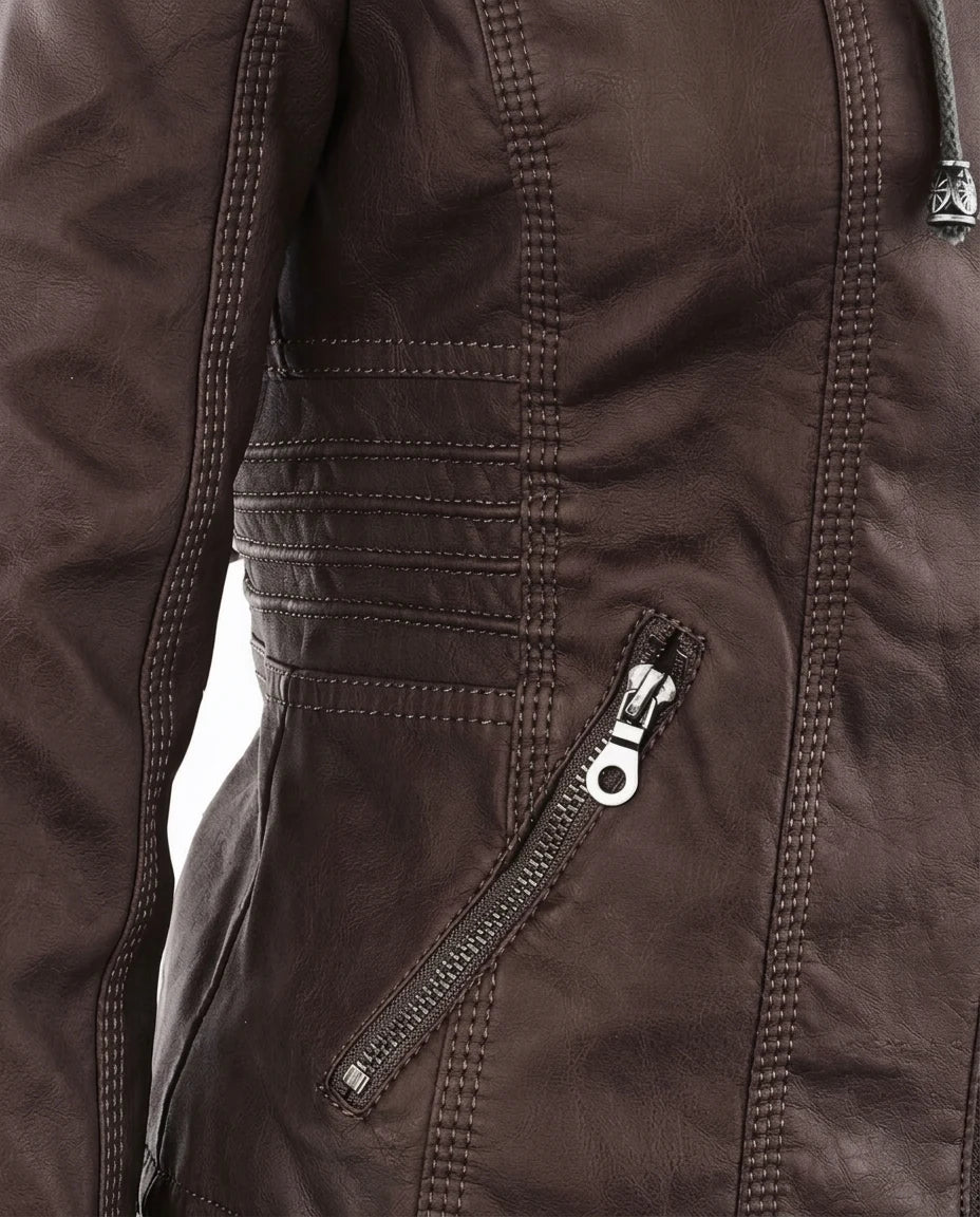 CT|Damen Lederjacke mit Abnehmbarer Kapuze