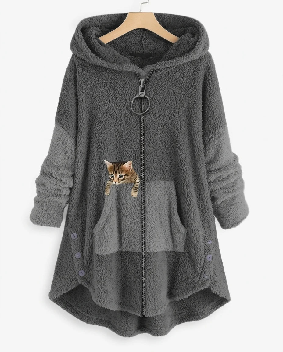 CT|Damen-Teddy-Mantel mit Katzendesign