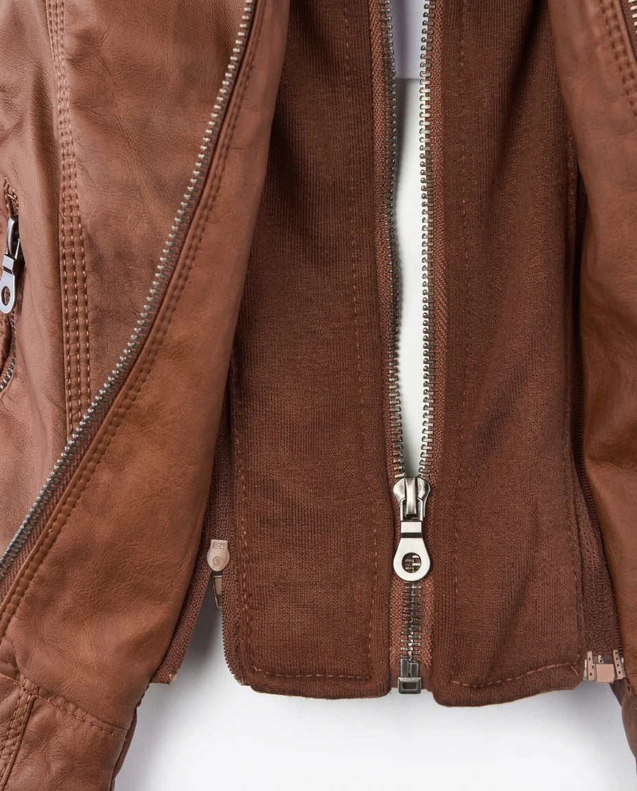 CT|Damen Lederjacke mit Abnehmbarer Kapuze