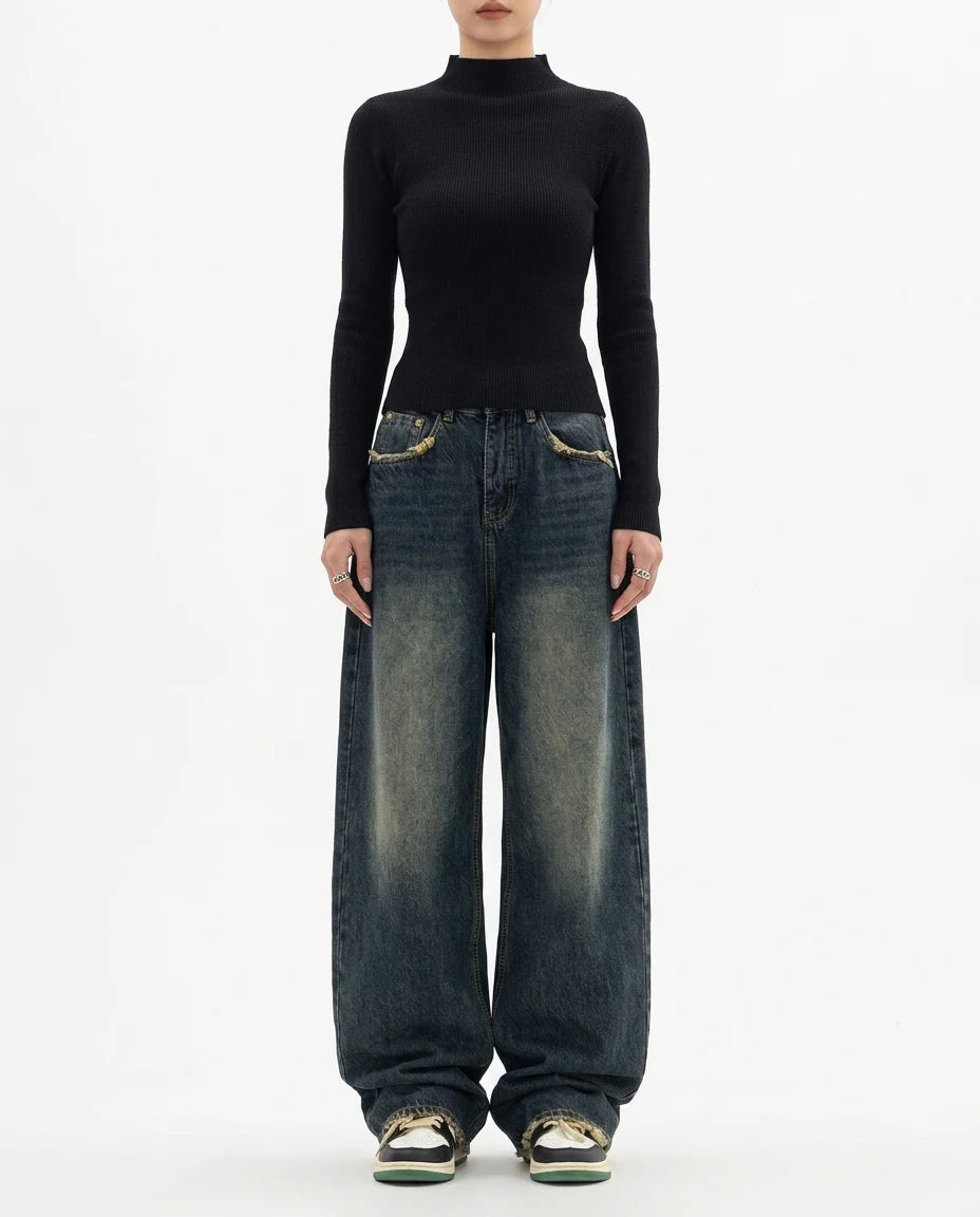 CT|Baggy Damenjeans mit Hoher Taille und Weit Beinen