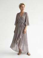 CT|Damen V-Ausschnitt Midi-Kleid mit Flatterärmeln und Bindegürtel