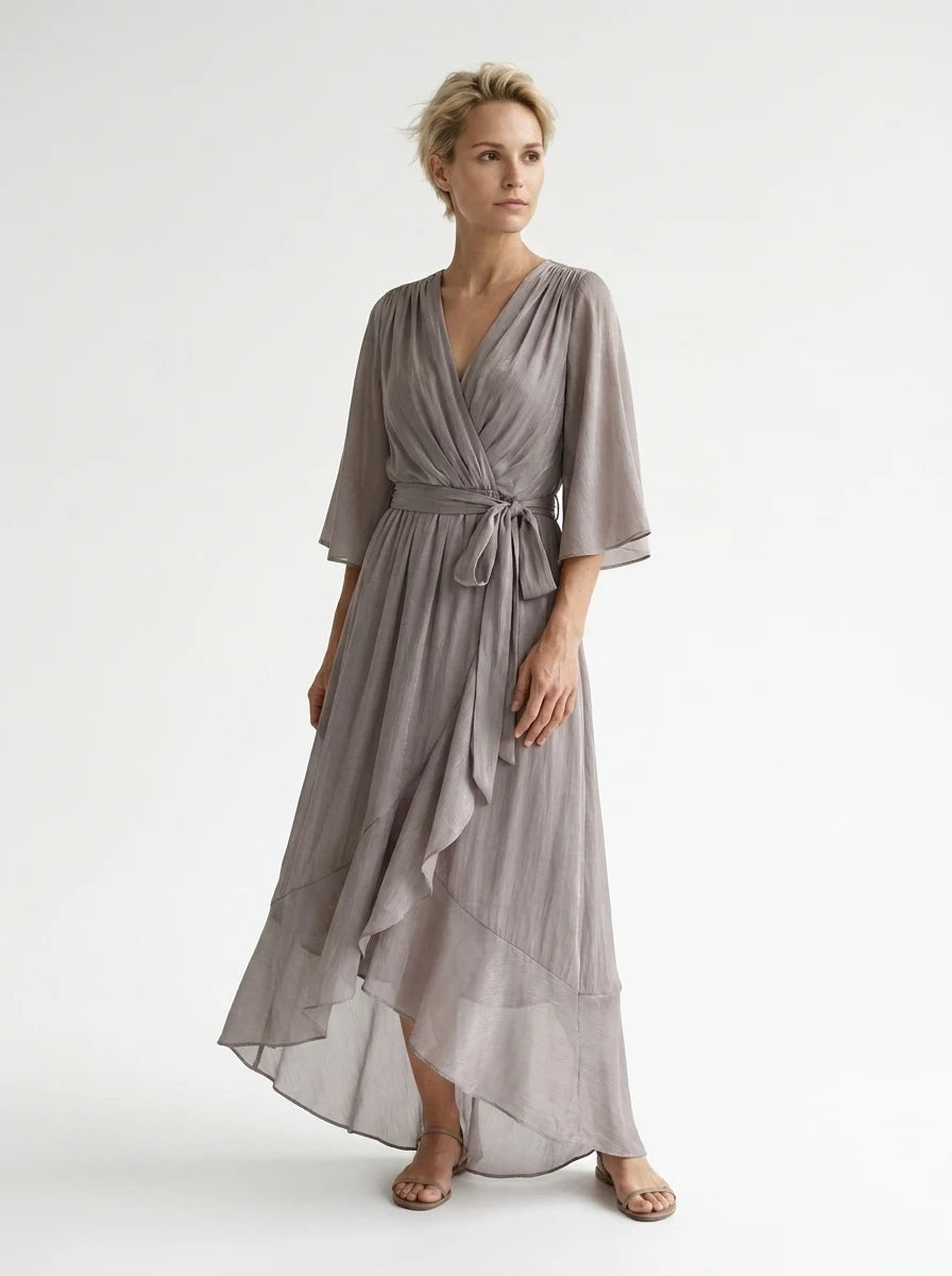 CT|Damen V-Ausschnitt Midi-Kleid mit Flatterärmeln und Bindegürtel