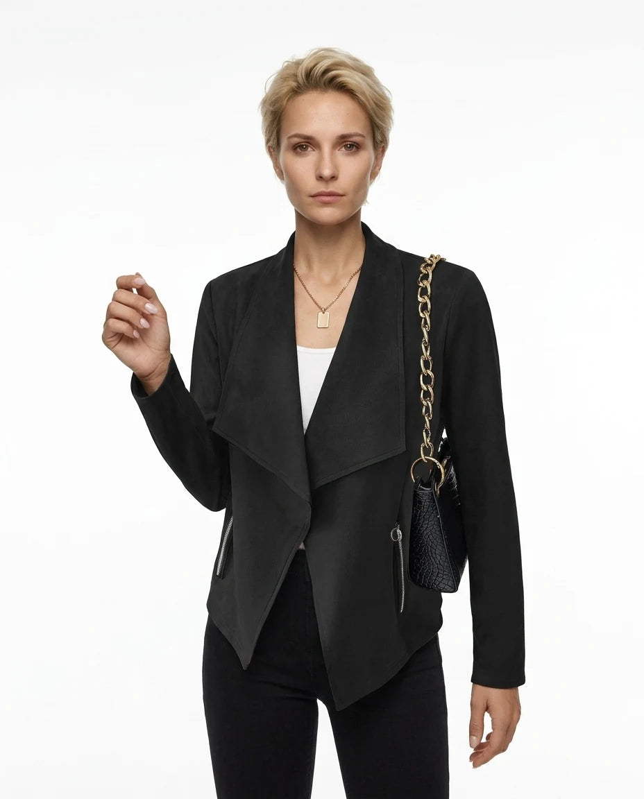 CT|Wasserfallkragen Damen Jacke mit offenem Vorderteil und kurzem Schnitt