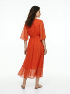 CT|Damen V-Ausschnitt Midi-Kleid mit Flatterärmeln und Bindegürtel