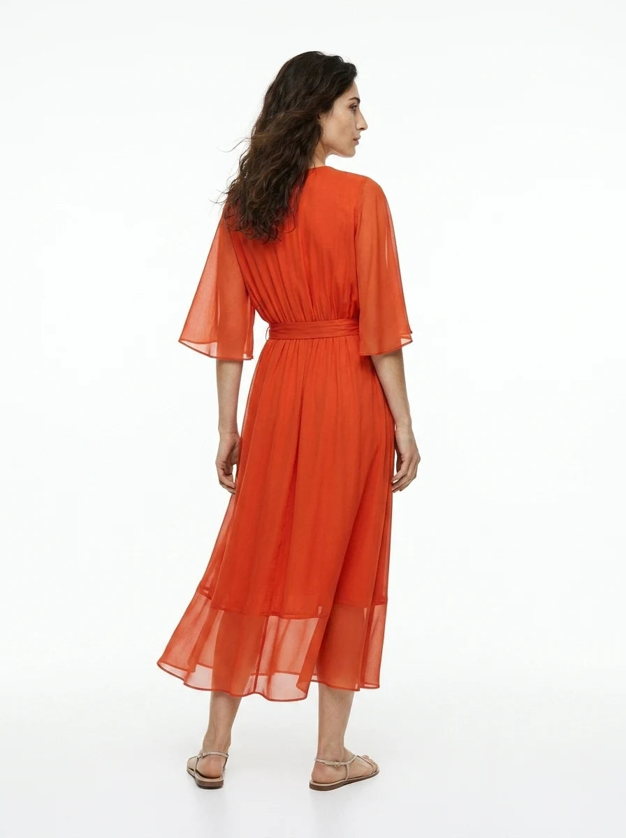 CT|Damen V-Ausschnitt Midi-Kleid mit Flatterärmeln und Bindegürtel