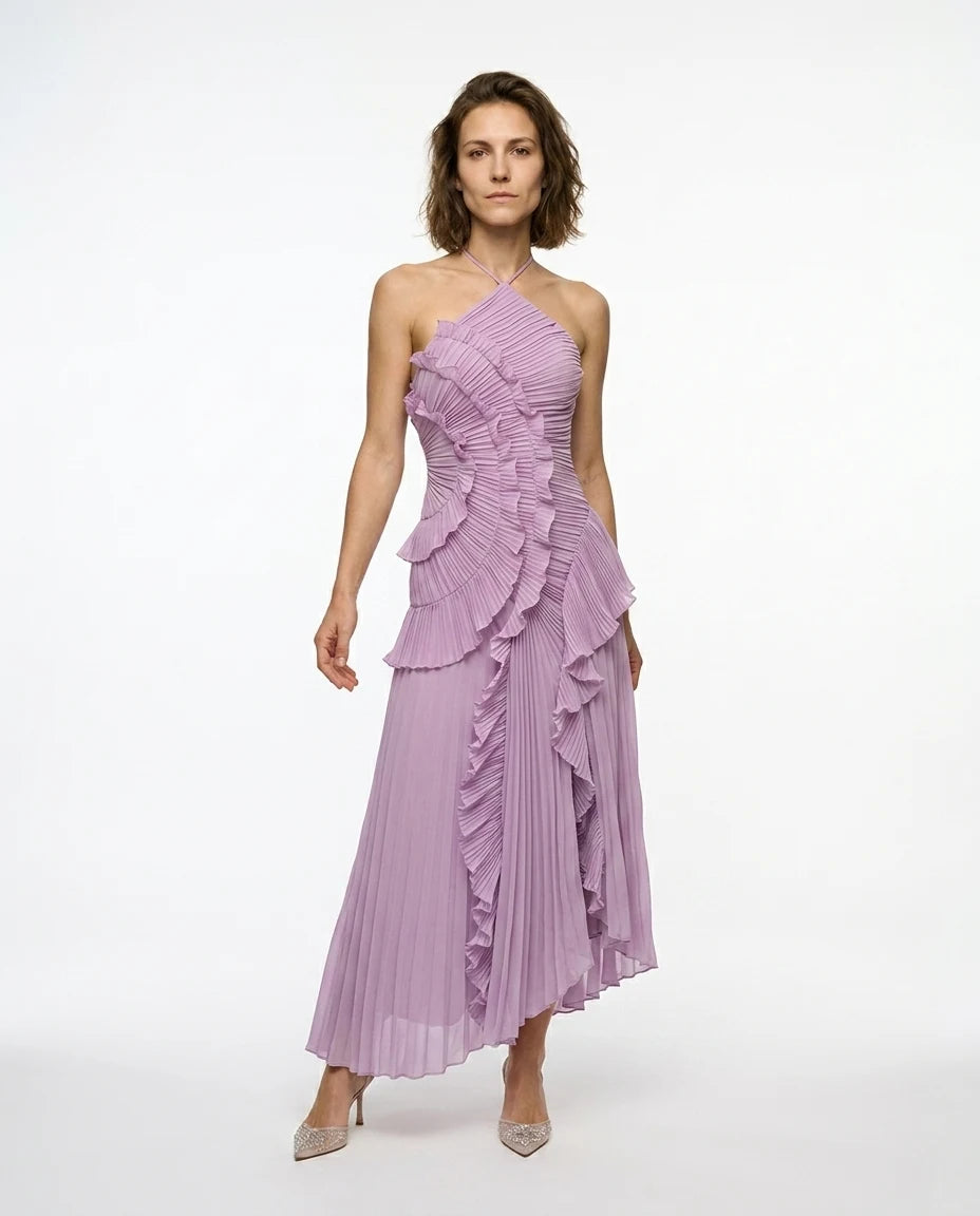 CT|Plissiertes Halter-Midikleid mit Rüschen für Damen