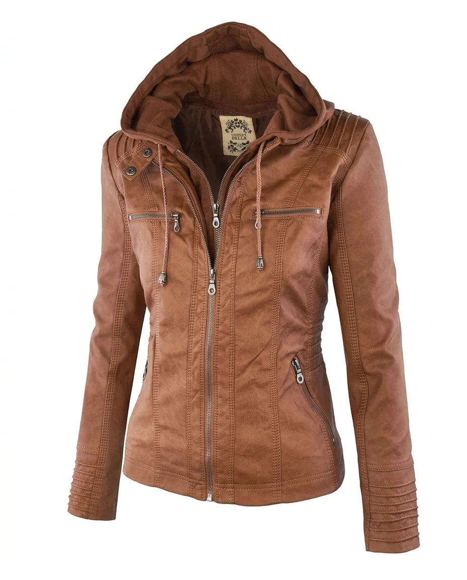 CT|Damen Lederjacke mit Abnehmbarer Kapuze