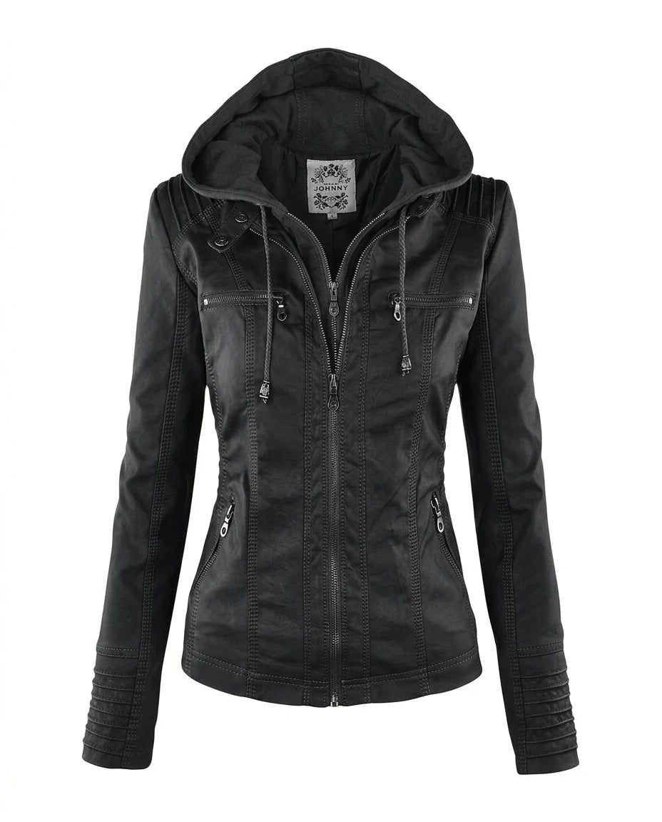 CT|Damen Lederjacke mit Abnehmbarer Kapuze