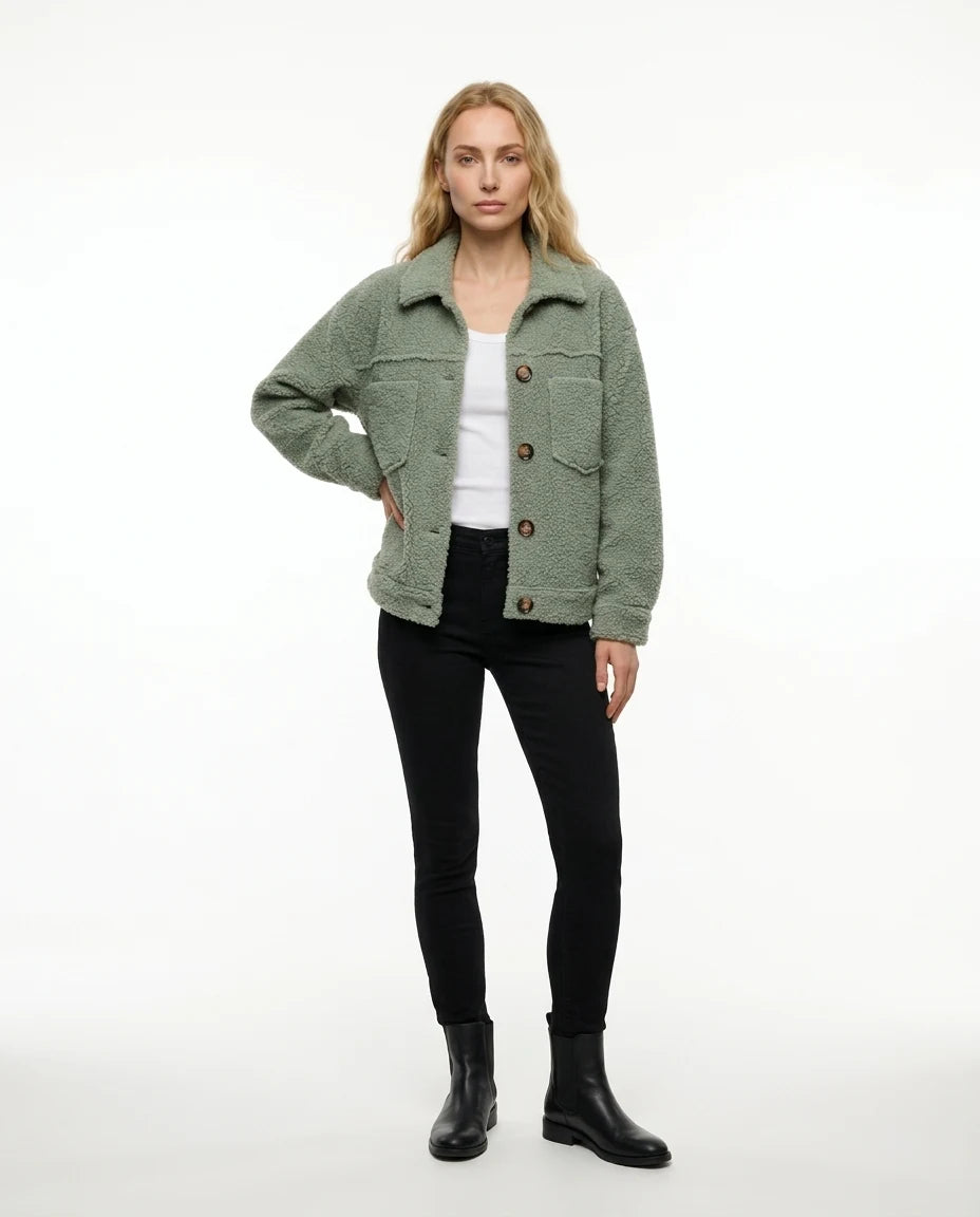 CT|Damen Teddyjacke mit Knopfleiste