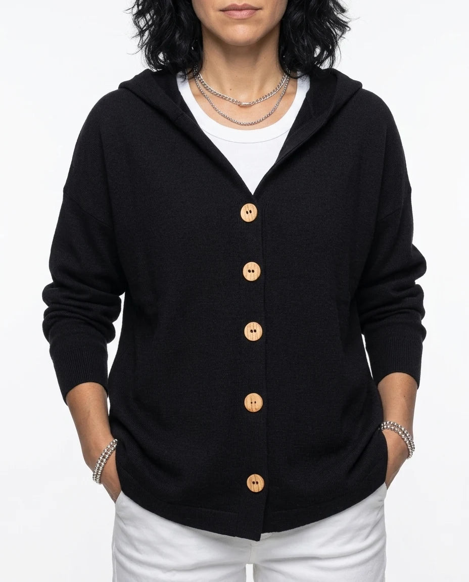 CT|Damen Elegante Strickjacke mit Knopf und Kapuze