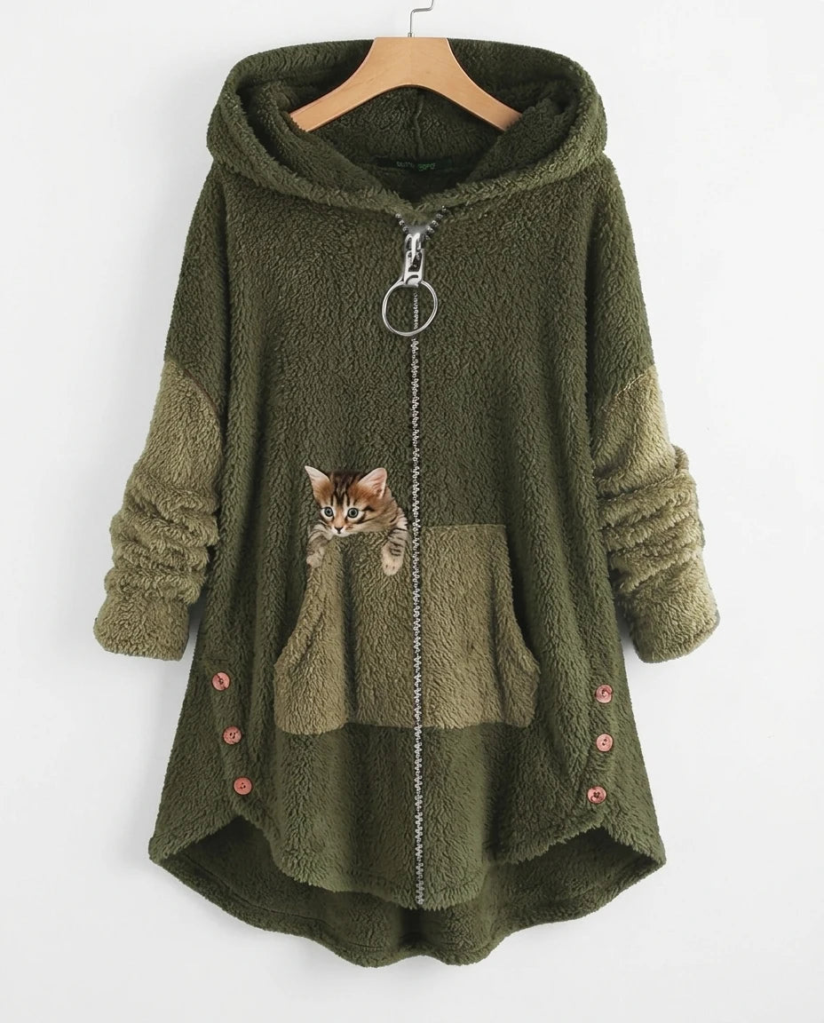 CT|Damen-Teddy-Mantel mit Katzendesign